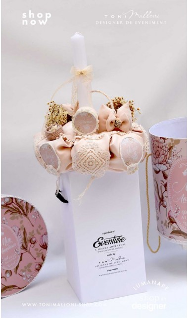 Lumanare de botez cu dantela bumbac crem si flori uscate Chic Flower 3